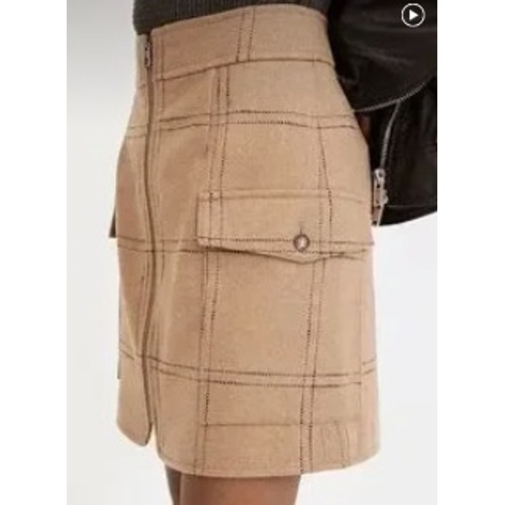 Madewell Wool Blend Plaid Mini Skirt Tan Black‎ Zip Front Cargo Pockets Size 00